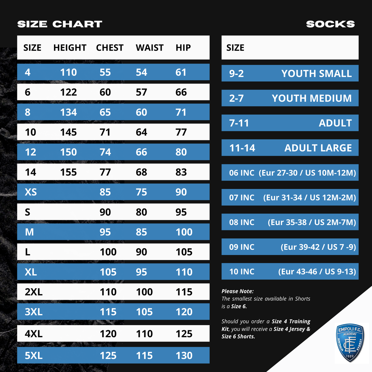 EMPOLI SIZE CHART